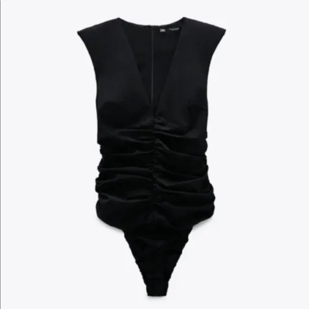 Zara | Black Draped Shoulder Pad V-Neck Sleeveless Bodysuit Top